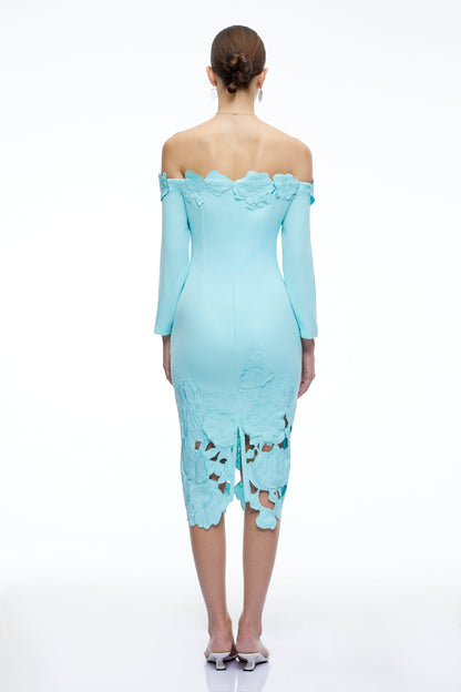 Inga Mint Green Off Shoulder Floral Midi Dress with Cut-Outs