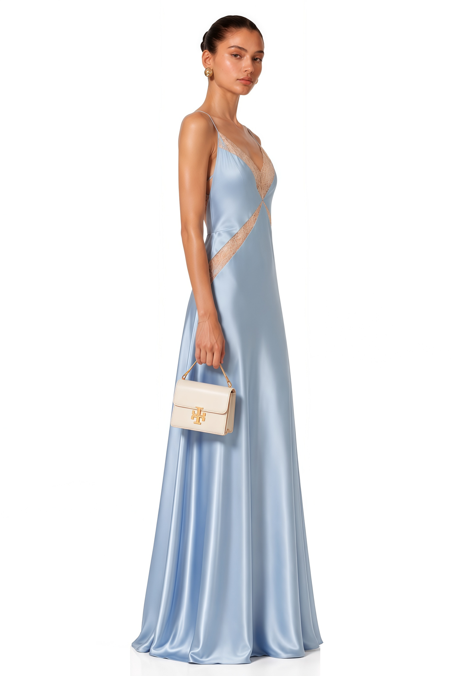 Ludmila Blue V-neck Lace Trim Maxi Dress