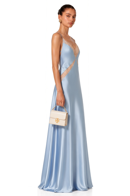 Ludmila Blue V-neck Lace Trim Maxi Dress