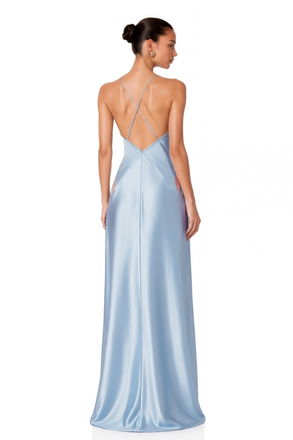 Ludmila Blue V-neck Lace Trim Maxi Dress