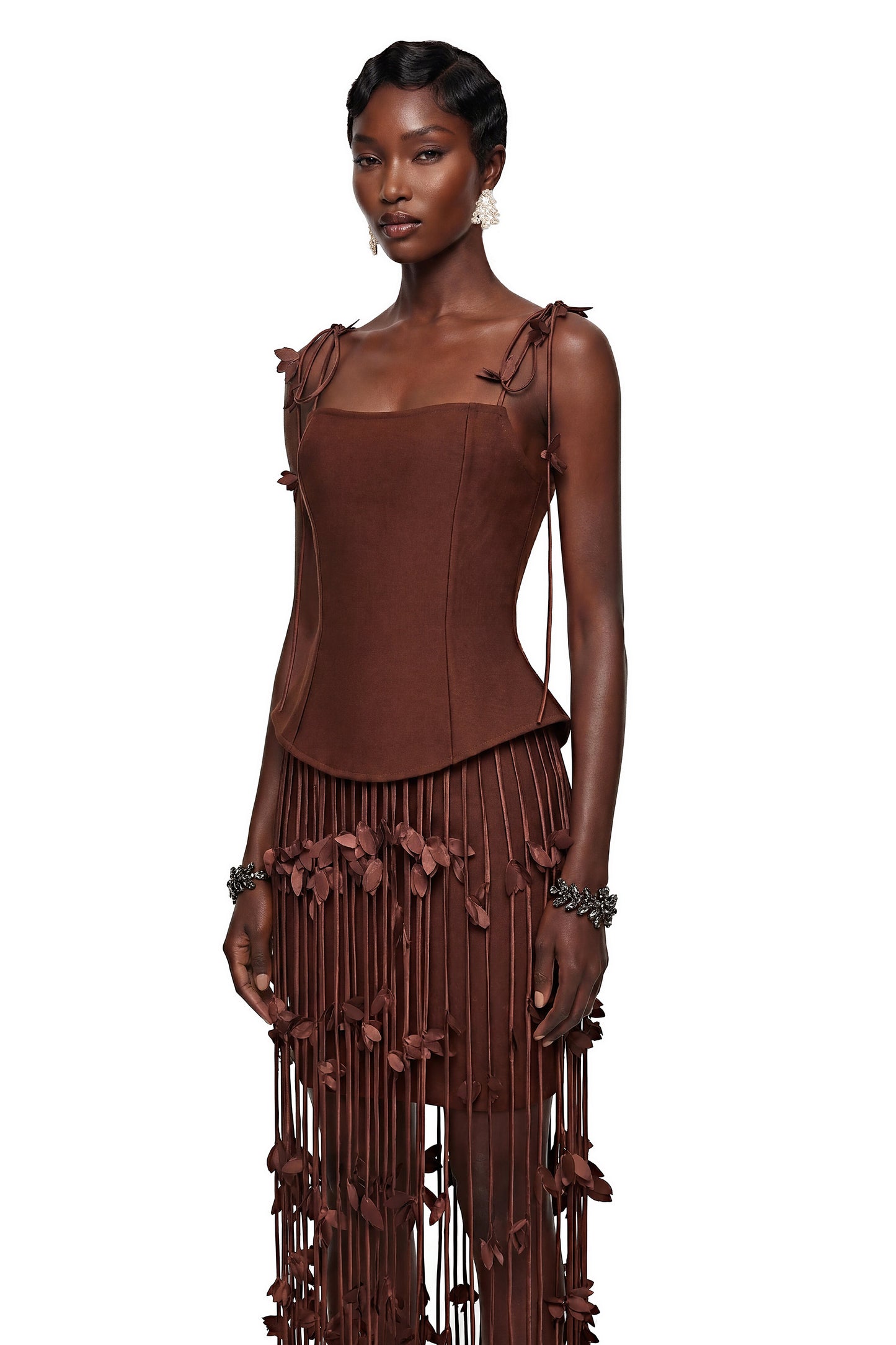 Ludmila Brown Tassel Mini Dress with 3D Florals