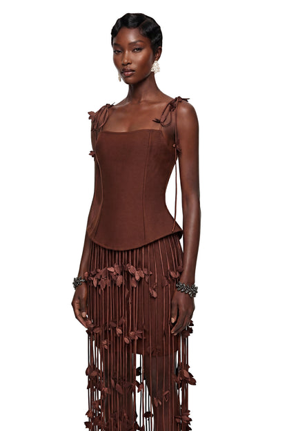Ludmila Brown Tassel Mini Dress with 3D Florals