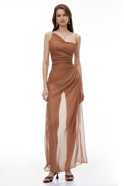 Ludmila Camel Semi-Sheer Ruched Maxi Dress