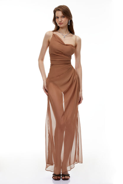 Ludmila Camel Semi-Sheer Ruched Maxi Dress