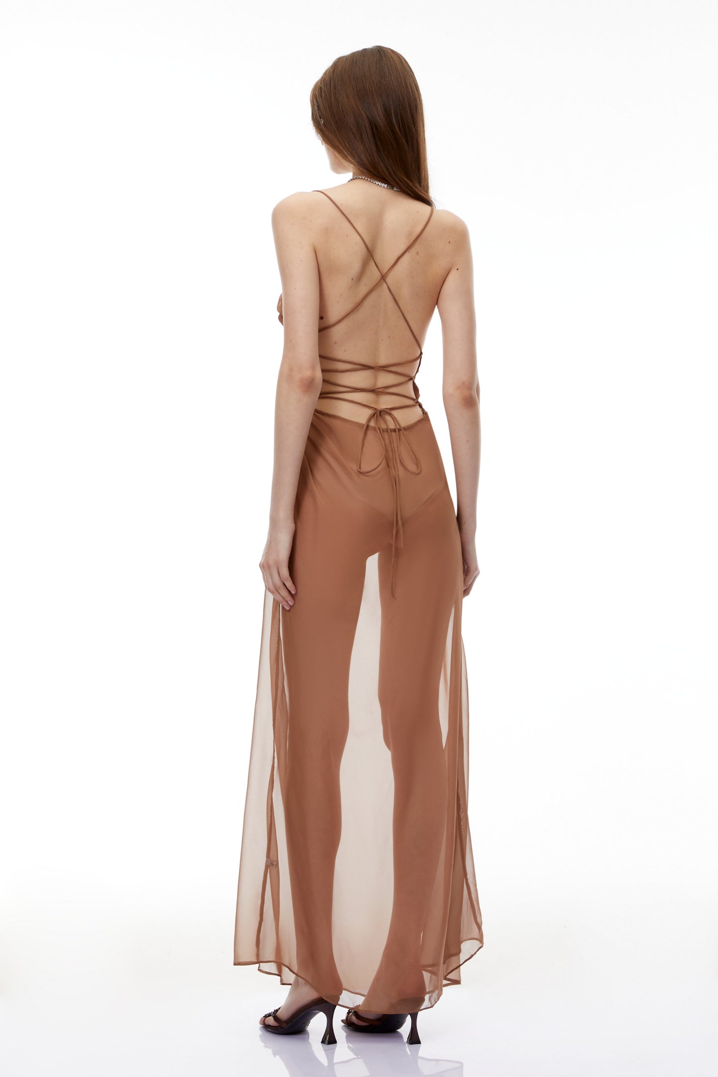 Ludmila Camel Semi-Sheer Ruched Maxi Dress