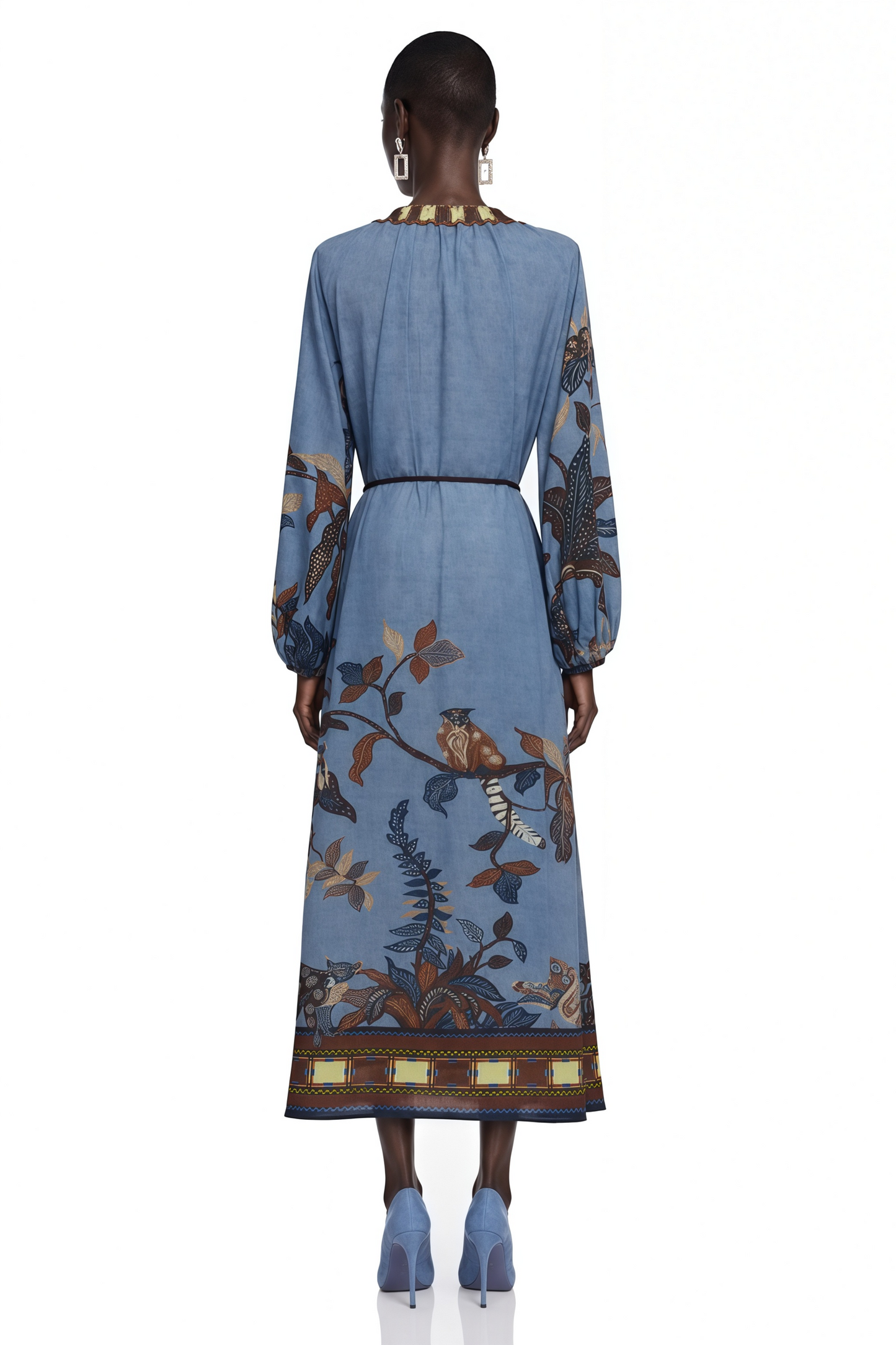Lunaria Blue Printed Long Sleeve Midi Dress