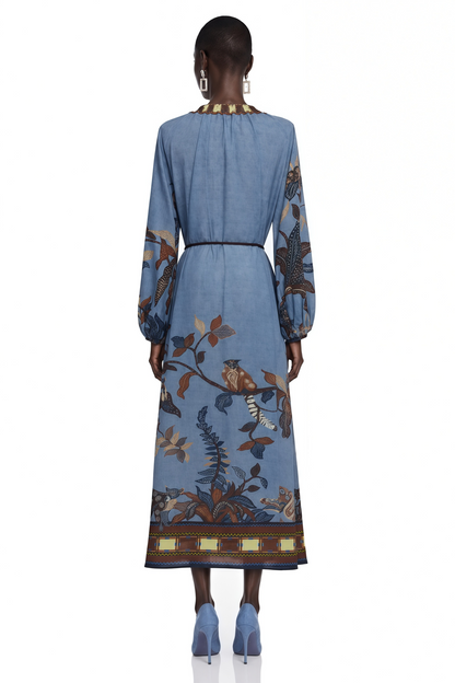 Lunaria Blue Printed Long Sleeve Midi Dress