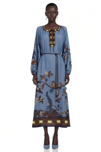 Lunaria Blue Printed Long Sleeve Midi Dress