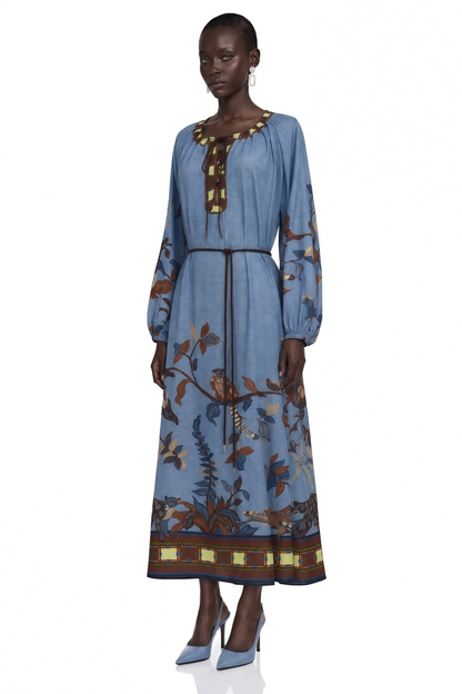 Lunaria Blue Printed Long Sleeve Midi Dress