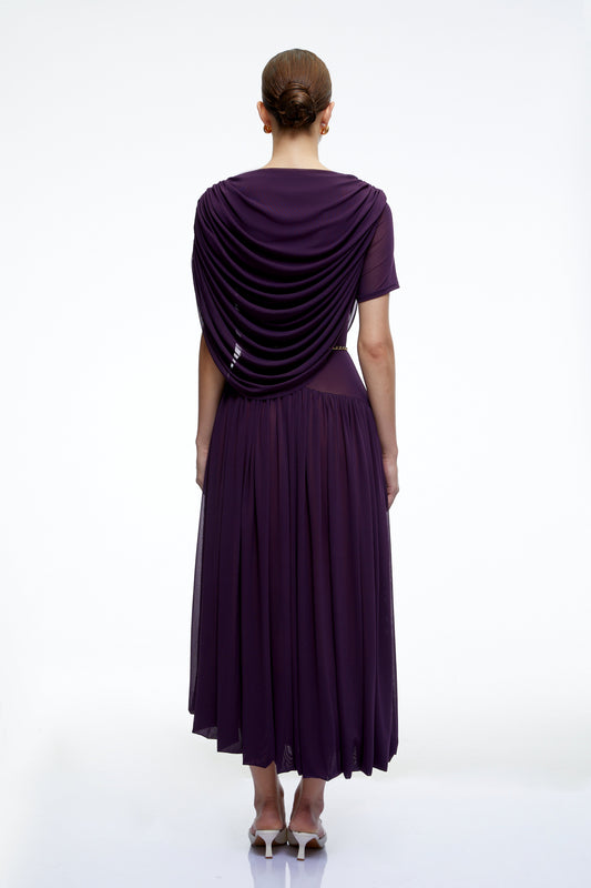 Lysiane Purple Draped Cape Pleated Midi Dress