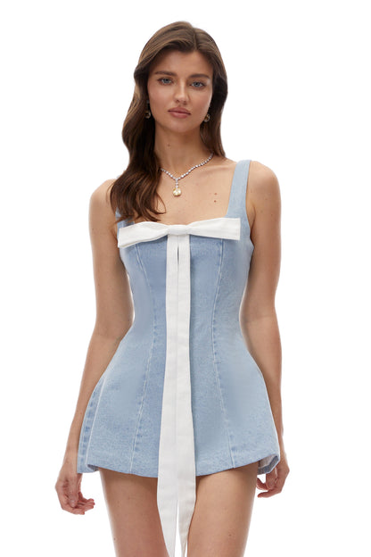 Lyubov Blue Square Neck Mini Dress with Bow