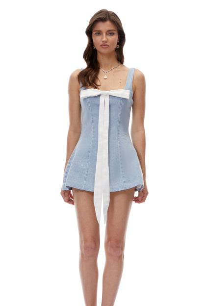 Lyubov Blue Square Neck Mini Dress with Bow