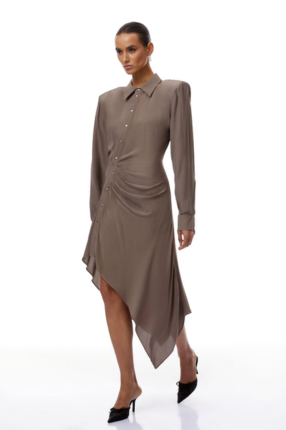 Roberta Brown Ruched Asymmetrical Midi Dress
