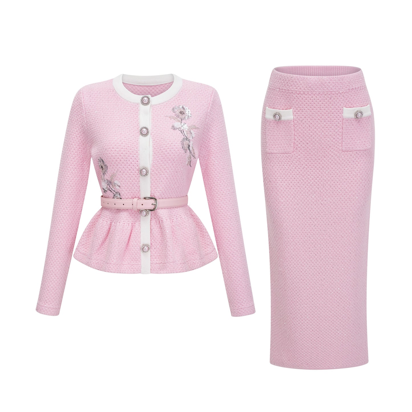 Ásdís Pink Sequined Knit Cardigan & Skirt Set
