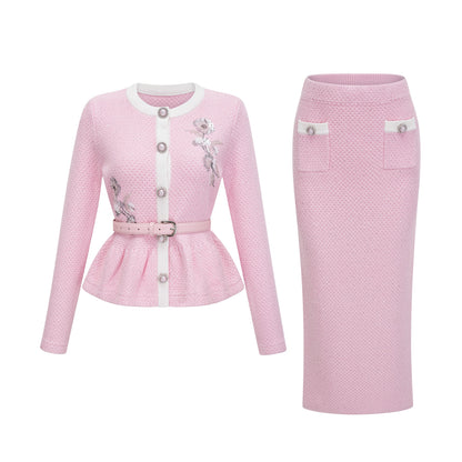 Ásdís Pink Sequined Knit Cardigan & Skirt Set