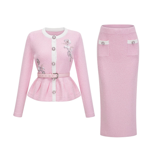 Ásdís Pink Sequined Knit Cardigan & Skirt Set