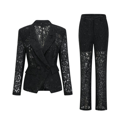 Zoé Black Sheer Lace Blazer & Trousers Matching Set