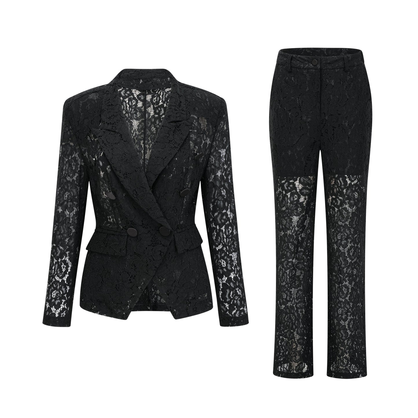 Zoé Black Sheer Lace Blazer & Trousers Matching Set