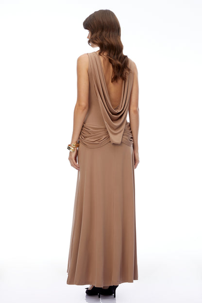 Mabel Khaki Open Back Ruched Slit Maxi Dress