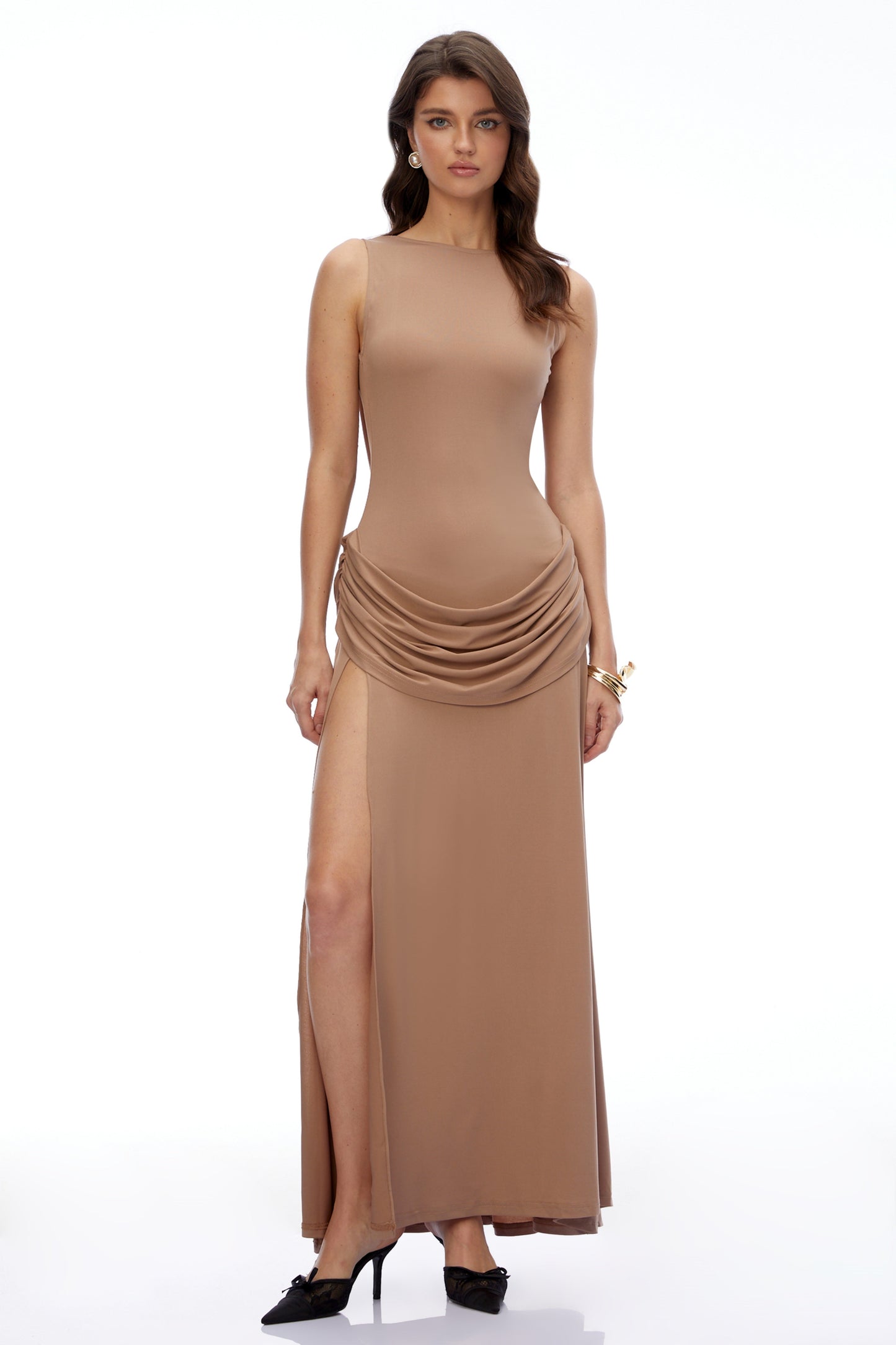 Mabel Khaki Open Back Ruched Slit Maxi Dress