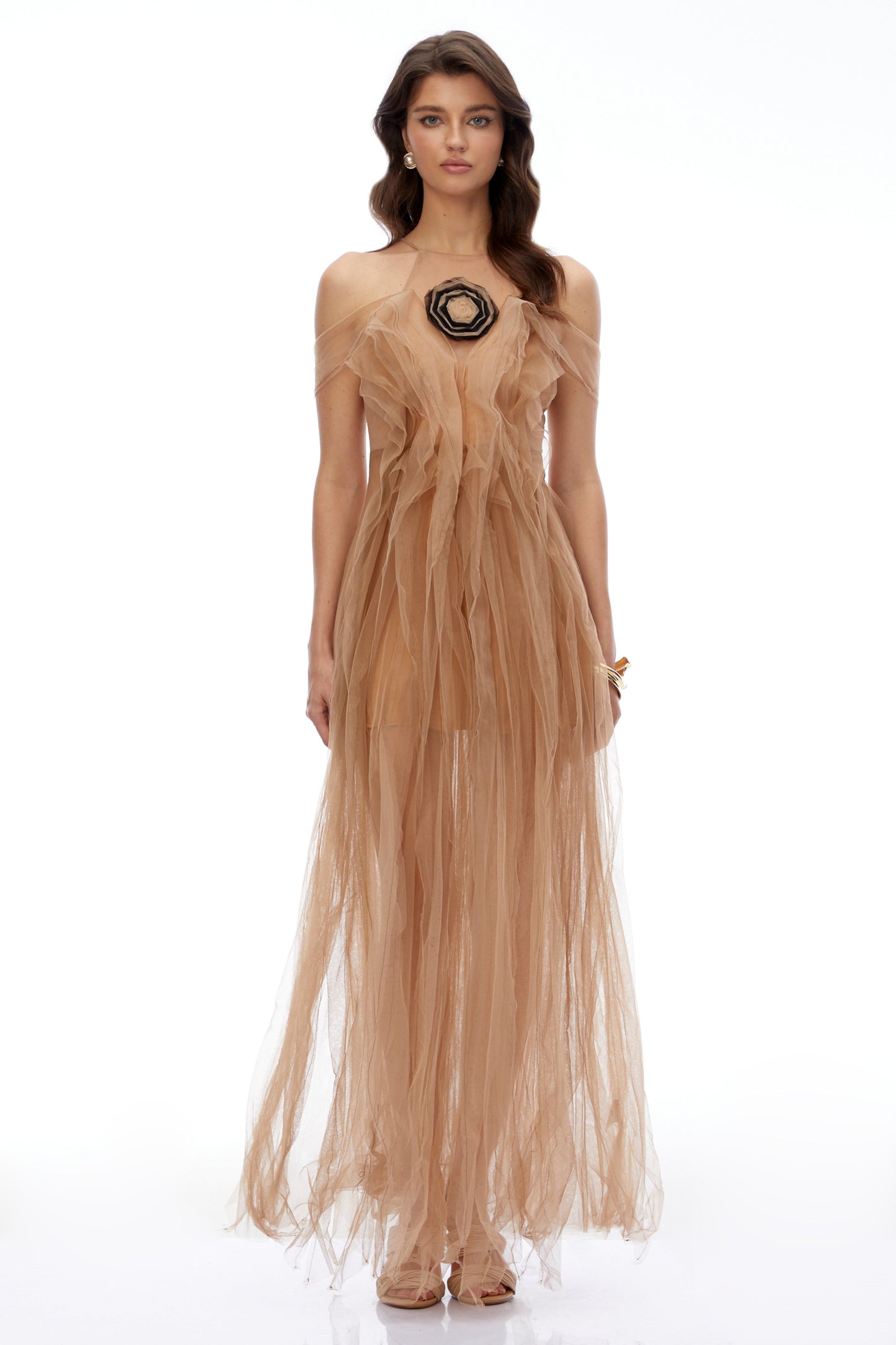 Mabel Champagne Semi-Sheer Ruffled Maxi Dress