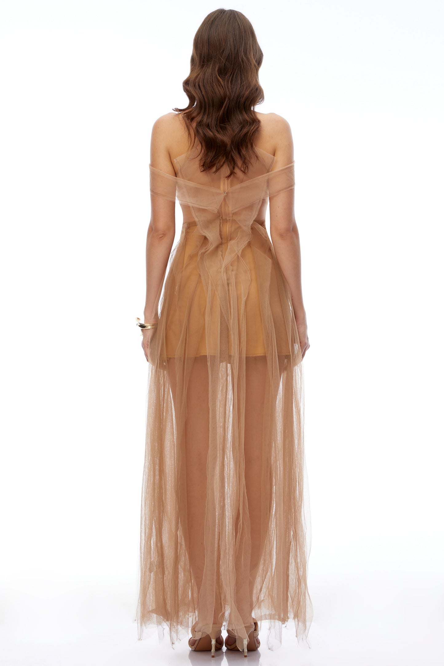 Mabel Champagne Semi-Sheer Ruffled Maxi Dress