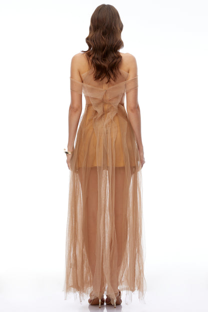 Mabel Champagne Semi-Sheer Ruffled Maxi Dress
