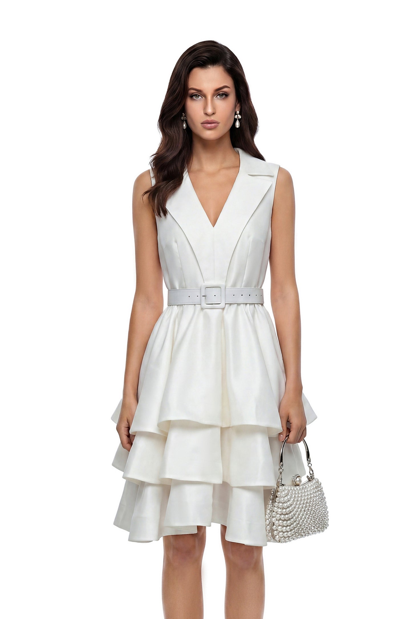 Maeve White Belted Tiered Mini Dress