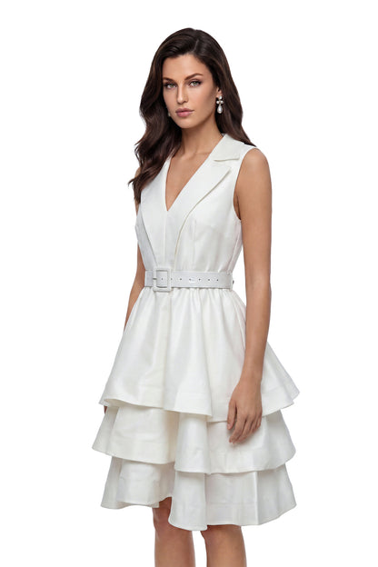 Maeve White Belted Tiered Mini Dress
