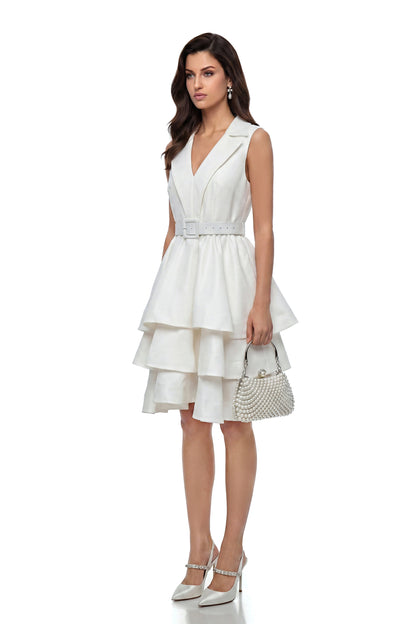 Maeve White Belted Tiered Mini Dress
