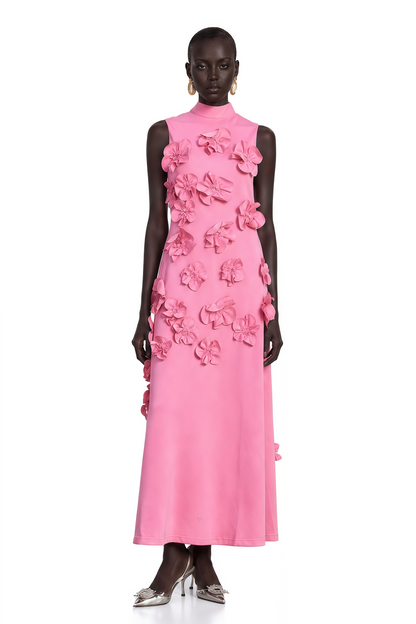 Magali Pink Sleeveless Maxi Dress with Faux Flower & Bow-Tie Embellishment