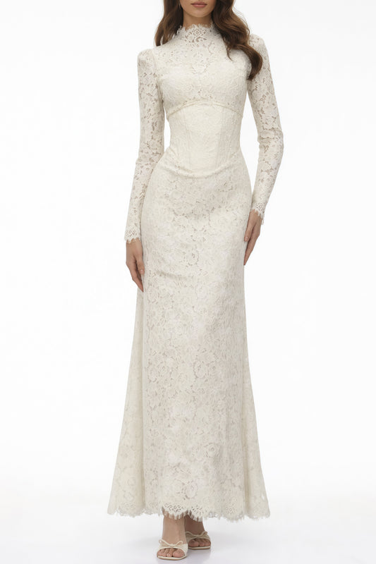 Maggie Fildişi Yüksek Boyun Çiçekli Dantel Maxi Elbise
