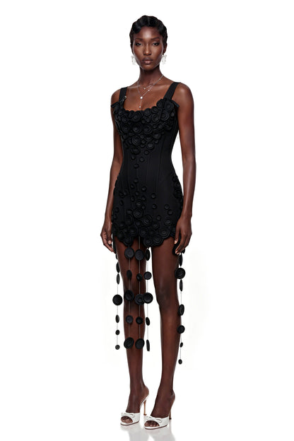 Mahkadeh Black Fringe Mini Dress with 3D Petals