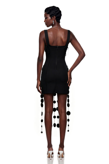 Mahkadeh Black Fringe Mini Dress with 3D Petals