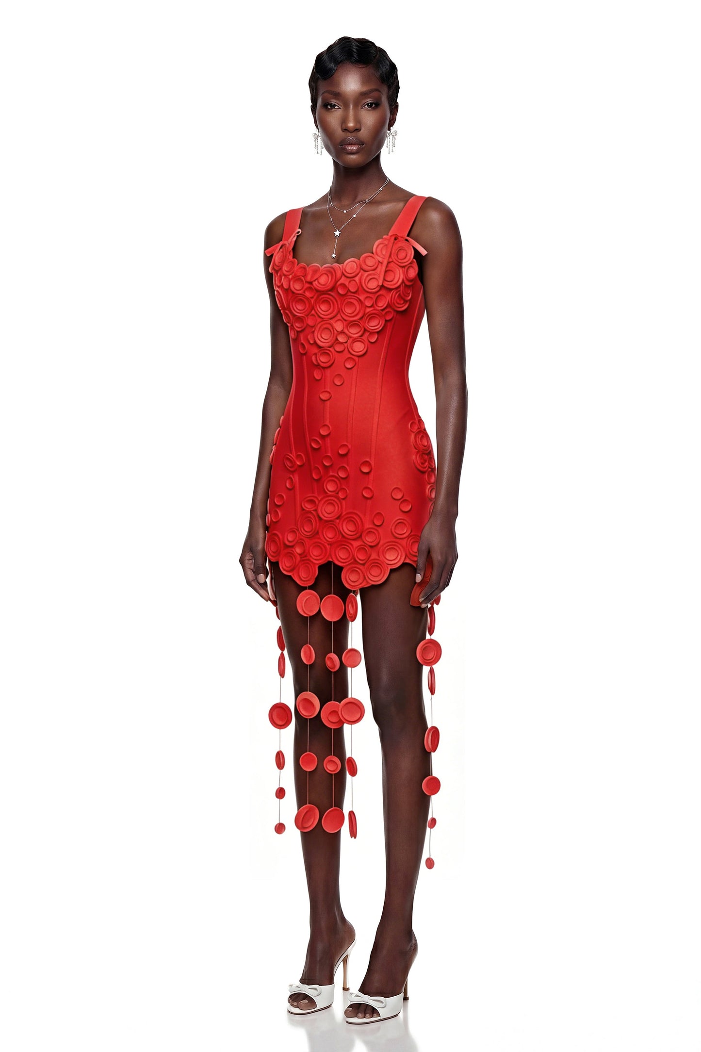Mahkadeh Red Fringe Mini Dress with 3D Petals