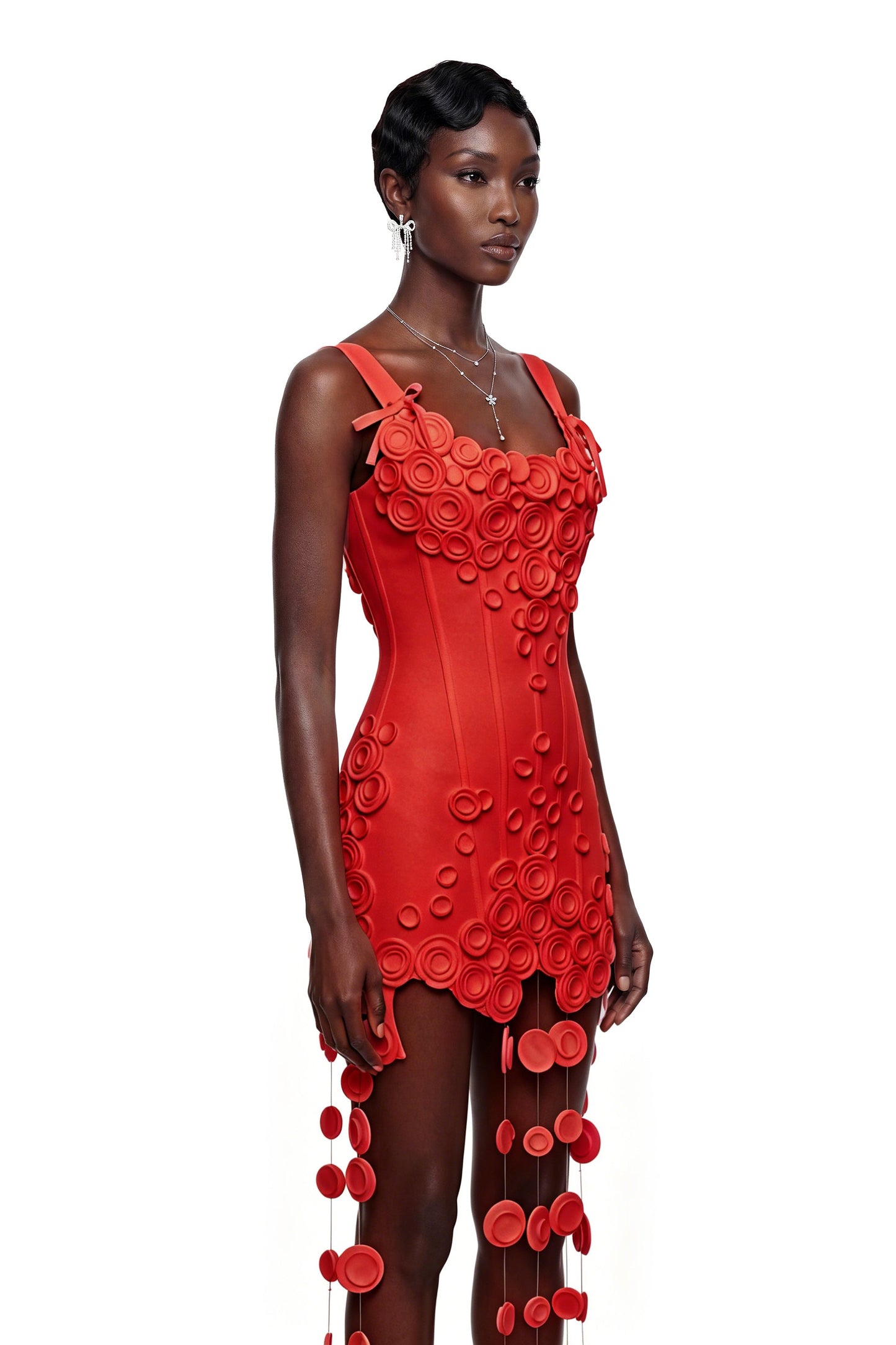 Mahkadeh Red Fringe Mini Dress with 3D Petals