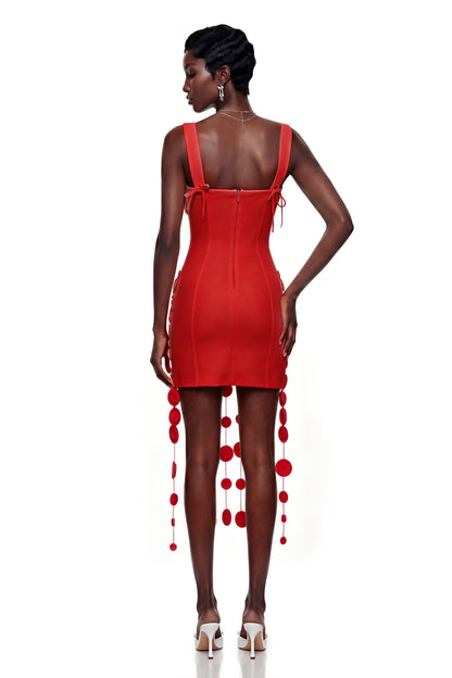 Mahkadeh Red Fringe Mini Dress with 3D Petals