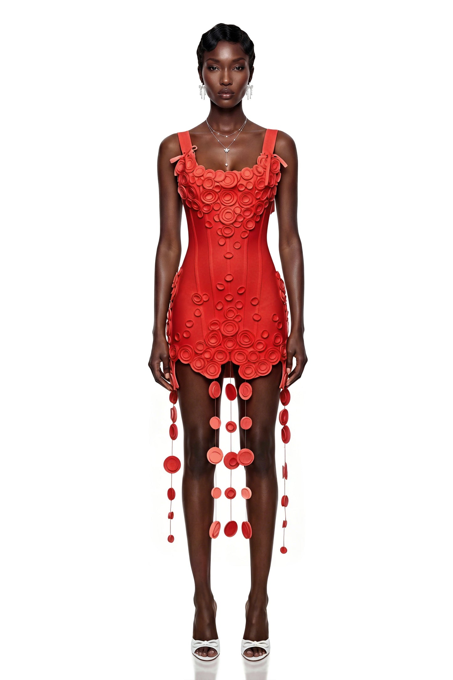 Mahkadeh Red Fringe Mini Dress with 3D Petals