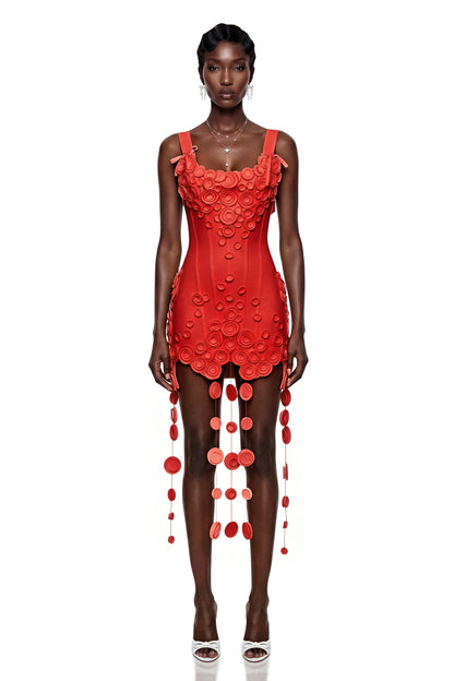Mahkadeh Red Fringe Mini Dress with 3D Petals