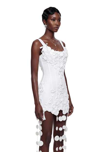 Mahkadeh White Fringe Mini Dress with 3D Petals