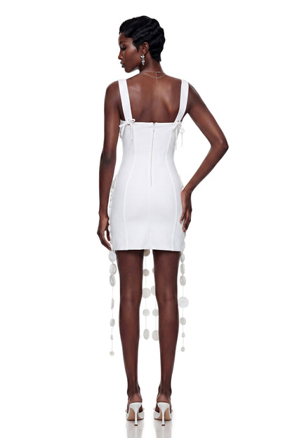 Mahkadeh White Fringe Mini Dress with 3D Petals