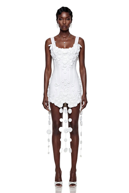 Mahkadeh White Fringe Mini Dress with 3D Petals