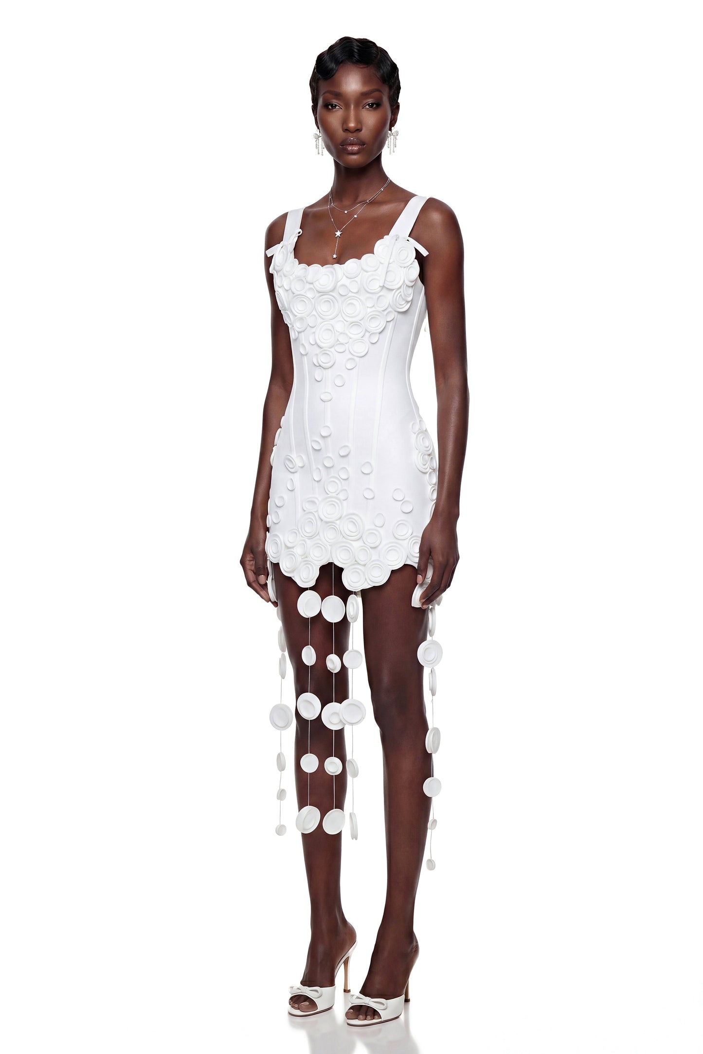 Mahkadeh White Fringe Mini Dress with 3D Petals