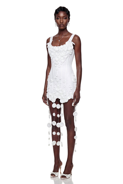 Mahkadeh White Fringe Mini Dress with 3D Petals