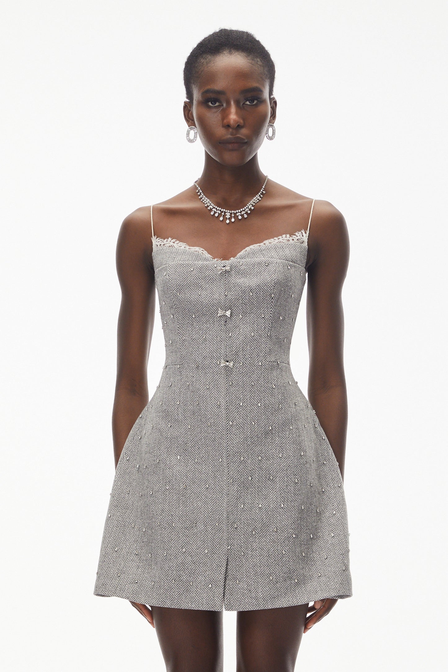 Maisy Grey Embellished Lace Mini Dress