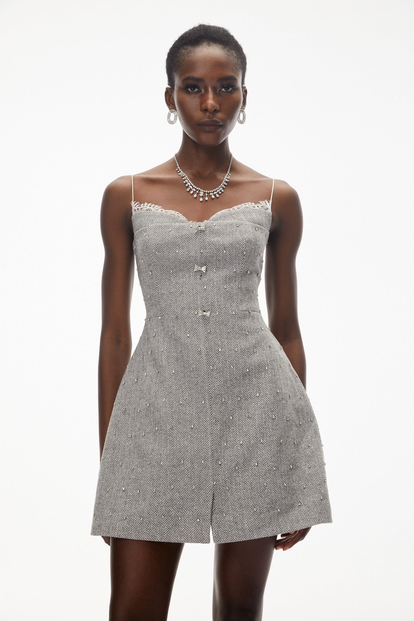 Maisy Grey Embellished Lace Mini Dress