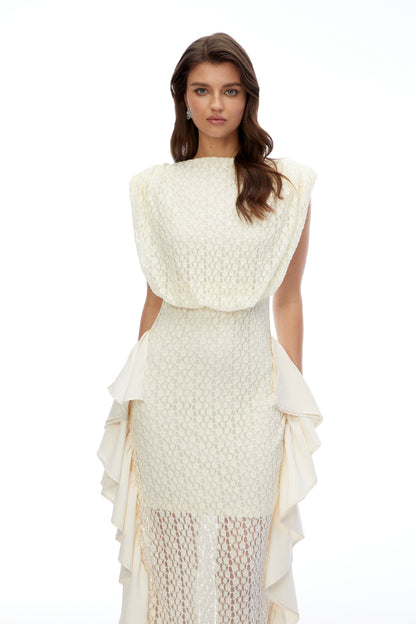 Maj Cream Floral Lace Ruffled Maxi Dress