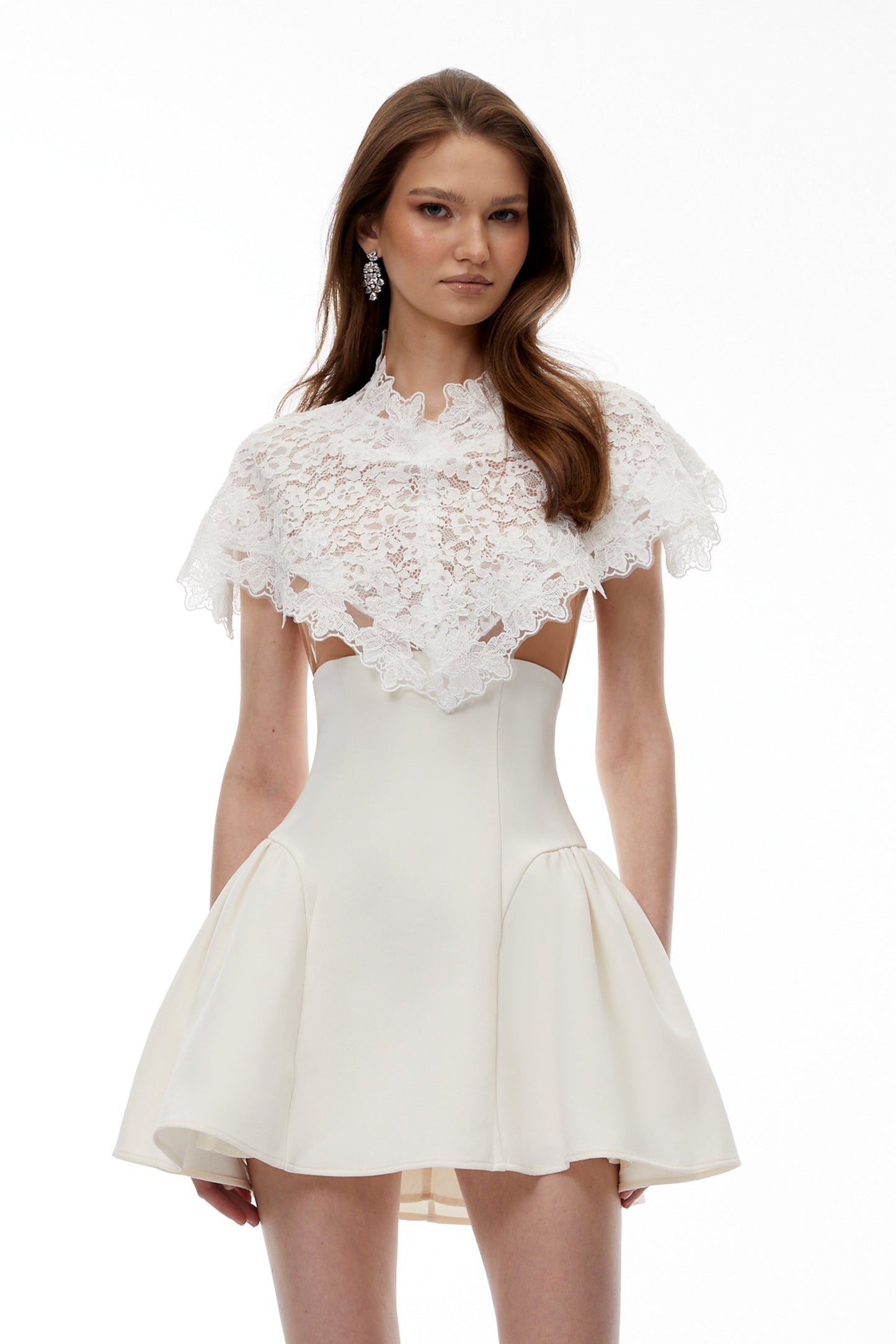 Mandana White Lace Mini Dress with Cape