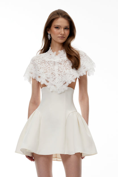 Mandana White Lace Mini Dress with Cape