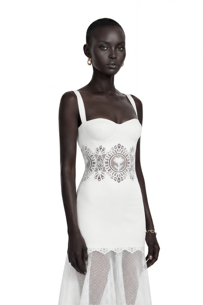 Marceline White Lace Corset Midi Dress